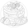 Pancakes with raspberries, strawberries,blueberries, orange and mint.Sweets.Coloring book antistress for children and adults