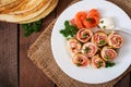 Pancakes with salmon and cream cheese Royalty Free Stock Photo