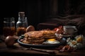 pancakes with scrambled eggs fried bacon Royalty Free Stock Photo