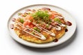 Pancakes with smoked salmon and chives on white plate isolated on white background Royalty Free Stock Photo