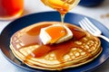 Pancakes stack with butter and honey. Generative AI