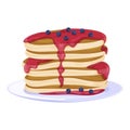 Pancakes stack with currant jam blueberry decor on serving plate vector flat illustration