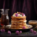 Delicious Pancakes On Plate With Coffee And Flowers Advertising Photo