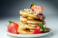 Pancakes stacked with bananas, strawberries and nuts, topped with chocolate and strawberry sauce Royalty Free Stock Photo