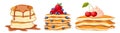 Pancakes, Stacks of Tasty Bakery with Honey, Maple or Chocolate Syrup, Cream, Strawberry, Cherry and Blueberry