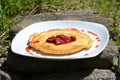 Pancakes with strawberries and cream in the garden Royalty Free Stock Photo