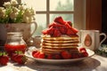 Pancakes with strawberries and jam in a plate. Breakfast with pancakes