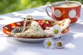 Pancakes with strawberries and sour cream. Near three daisies Royalty Free Stock Photo