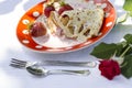 Pancakes with strawberries and sour cream three daisies Royalty Free Stock Photo