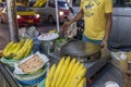 Pancakes on the street, cooking pancakes and street food in unsanitary conditions, spread of coronavirus and infectious diseases