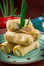 Pancakes stuffed with liver. Wooden rustic background. Top view