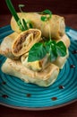 Pancakes stuffed with liver. Wooden rustic background. Top view