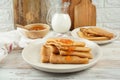 Pancakes with sweet cottage cheese and peach jam for breakfast