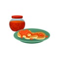 Pancakes with sweet topping and glass jar of strawberry jam. Food for breakfast. Delicious meal. Flat vector design