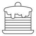 Pancakes thin line icon. Cream cakes stack, breakfast with vanilla and berries symbol, outline style pictogram on white Royalty Free Stock Photo