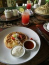 Pancakes with tropical fruit, breakfast item