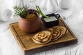 Pancakes with vegetables and dip sauce on a board Royalty Free Stock Photo