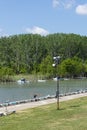 Pancevo, Serbia 4. May 2020.: Promenade along the Tamis River in Pancevo with walkers during the corona virus pandemic time at a