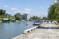 Pancevo, Serbia 4. May 2020.: Sports rowers training on the river Tamis in nice sunny day with beautiful blue sky in the