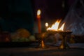 panch pradeep or five headed oil lamp burning with glowing flame. these are used in hindu puja rituals like durga , saraswati ,