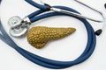 Pancreas care and protection. Medical stethoscope folded into ring, surrounds shape of human pancreas symbolizing protection of pa Royalty Free Stock Photo