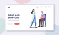 Pancreas Disease Signs and Symptoms Landing Page Template. Doctor Check Sick Patient Character Touching Diseased Belly