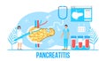 Pancreatitis concept vector. Pancreas doctors examine. Tiny therapist looks through a magnifying glass at internal organ