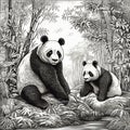 Panda, Ailuropoda melanoleuca, Chinese bamboo bear, cute animal, black and white drawing, portrait, engraving