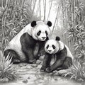 Panda, Ailuropoda melanoleuca, Chinese bamboo bear, cute animal, black and white drawing, portrait