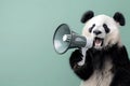 Panda announcing using megaphone. Notifying, warning, announcement