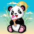 Panda Baby Cute Character eating strawberry ice cream with bamboo background vector illustration