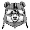 Panda, bamboo bear wearing motorcycle, aero helmet. Biker illustration for t-shirt, posters, prints.
