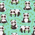 Panda and bamboo seamless pattern. Cute pandas animals, wild bamboo forest bear and sleeping baby panda vector Royalty Free Stock Photo