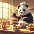 A panda bear baking a cake in a sunny kitchen, digital art