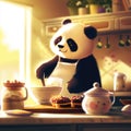 a panda bear baking a cake in a sunny kitchen