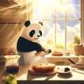 a panda bear baking a cake in a sunny kitchen