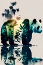 Panda bear in bamboo forest with reflection in water. Vector illustration. Royalty Free Stock Photo