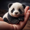 A panda bear cub held in the hand by people. Nature protection concept. Royalty Free Stock Photo