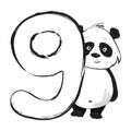 Panda bear cute animal number nine with cartoon baby illustration