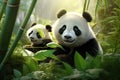Panda bear family enjoying bamboo feast in the bamboo forest, showcasing the adorable black and white mammal in its natural