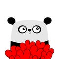 Panda bear holding red heart set bouquet. Cute kawaii cartoon character. Funny head face. Happy Valentines Day. Baby greeting card Royalty Free Stock Photo