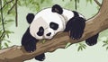 A panda bear is laying on a tree branch