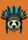 Panda bear Portrait Indian headdress with feathers. Boho style. print, t-shirt