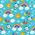 Panda bear rainbows clouds seamless pattern