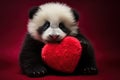 Panda bear with red heart on red background, valentines day, Adorable newborn panda holding red heart Valentine\'s day