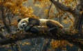 Panda Bear Resting on Tree Branch in Lush Forest Royalty Free Stock Photo