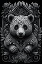 Panda bear on sculpted ornament background. Portrait of giant panda isolated on black background. Painted ethnic ornament.