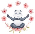 Panda bear sitting in lotus position with sakura wreath, Cute yoga animal illustration