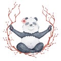 Panda bear sitting in lotus position with sakura wreath, Cute yoga animal illustration