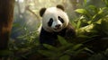 A panda bear sitting on top of a lush green forest